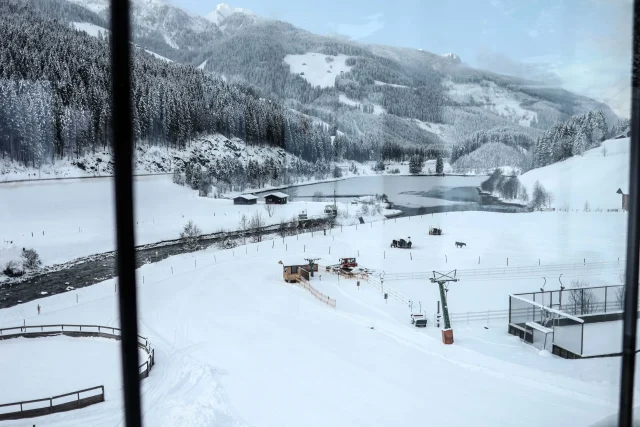 Winterlandschaft mit Schnee, Bäumen und Wasser.