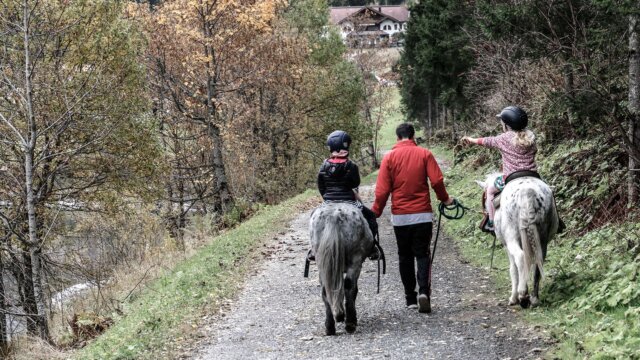 Reiterfamilie auf einem Weg durch die Natur.
