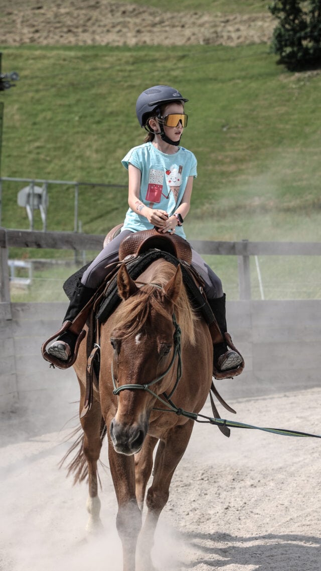 Mädchen reitet auf einem Pferd in der Halle.