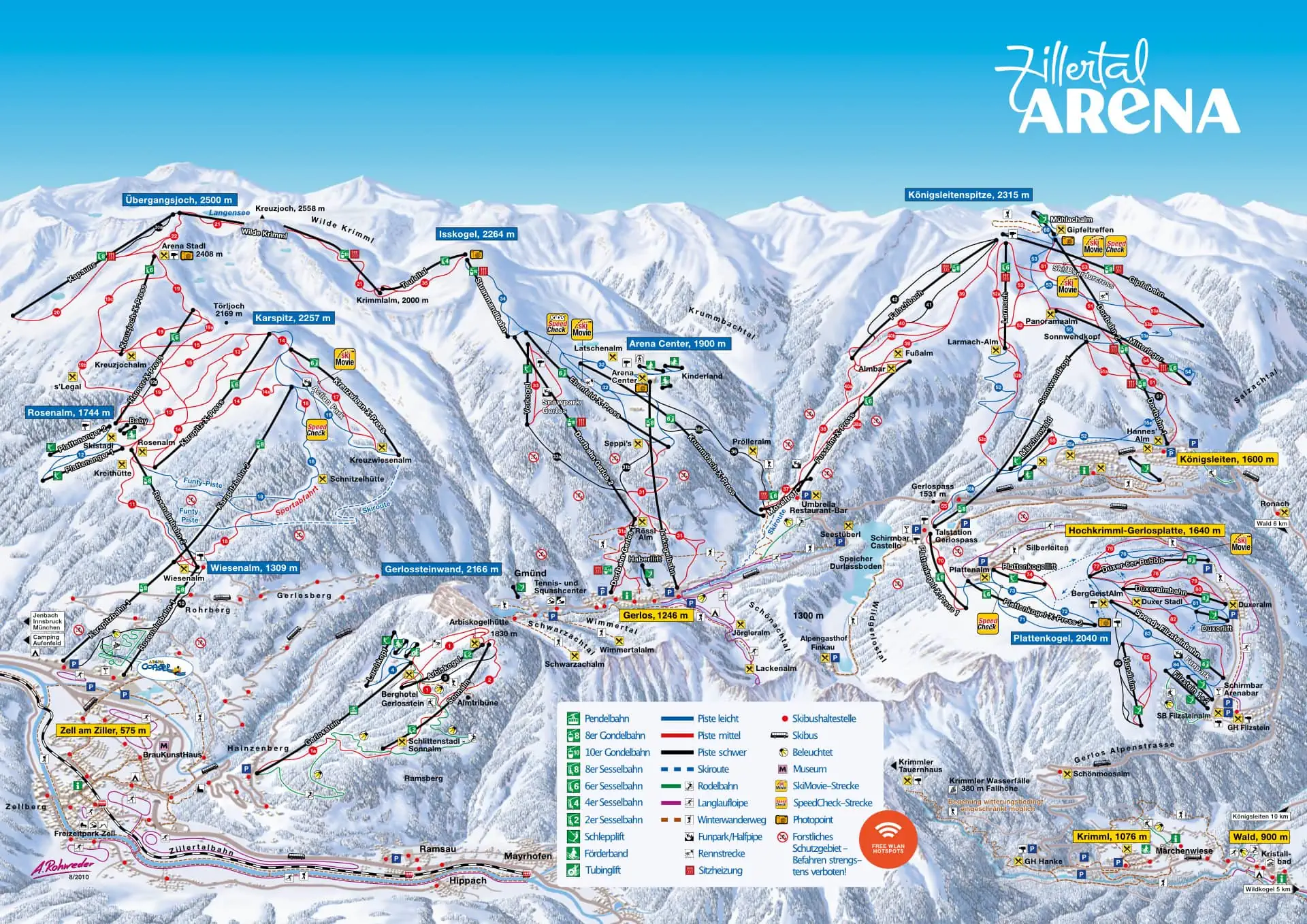 Skigebiet Zillertal Arena mit Pisten und Seilbahnen