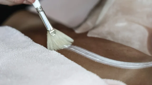 Hautpflege mit einem Pinsel und Lotion.