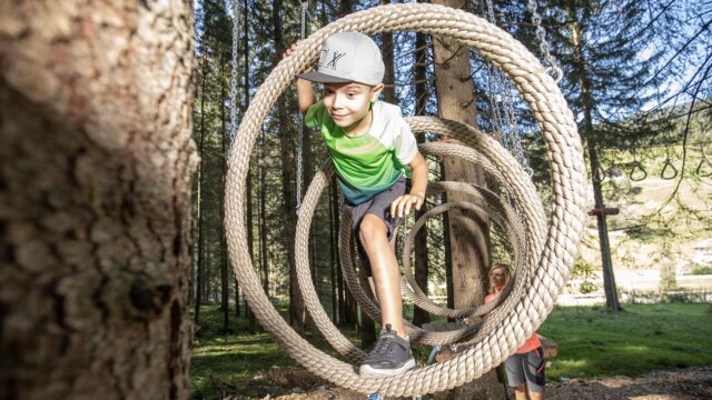 Junge spielt auf Seilringe im Wald.
