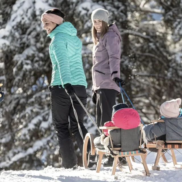 Familie genießt den Schnee mit Schlitten