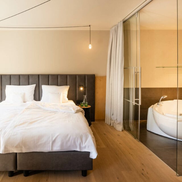 Modernes Schlafzimmer mit Badewanne und Dusche