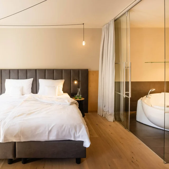 Modernes Schlafzimmer mit Badewanne und Dusche