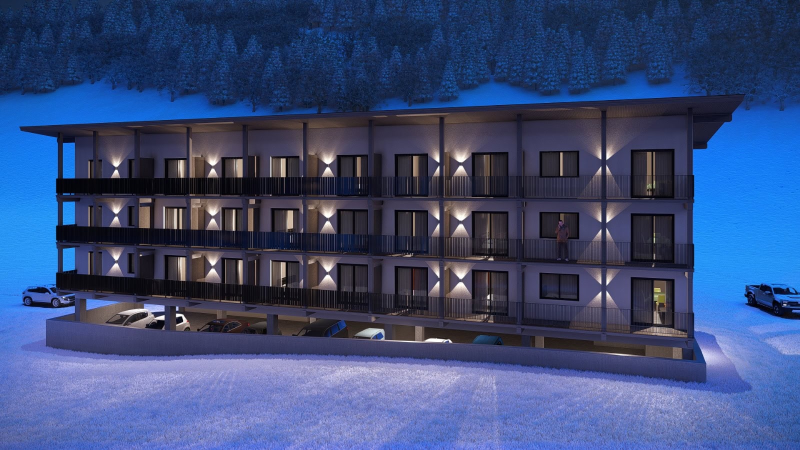 Moderne Unterkunft in winterlicher Schneelandschaft.